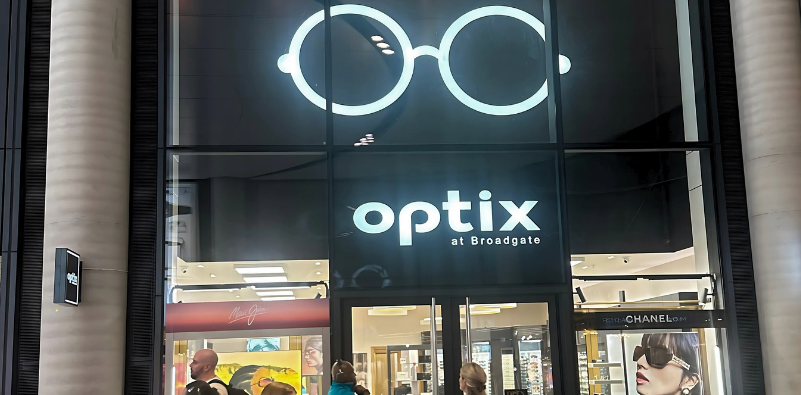 Exterior image of Optix Opticians at Broadgate.
