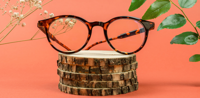 A pair of tortoiseshell glasses on a stack of wooden circles, surrounded by foliage