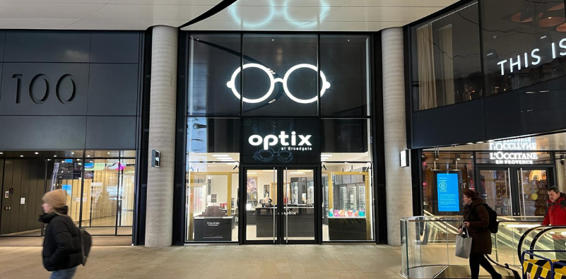 A photo of the front of Optix Opticians in Liverpool Street.